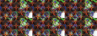 Eskiz arkaplan modeli. Yapraklı çiçekler ve kahverengi renkli papatya çiçekleri. Raster - stok.