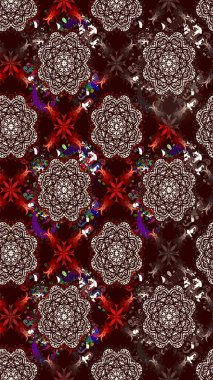 Renkli desenli eskiz deseni, kahverengi çiçekler ve dekoratif elementlerle. Eskiz geçmişi. Raster illüstrasyonu. Kumaş, tekstil, duvar kağıdı baskısı için. Antika retro tarzı.