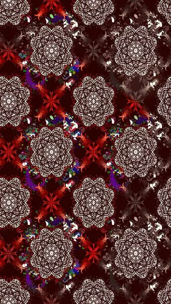 Renkli desenli eskiz deseni, kahverengi çiçekler ve dekoratif elementlerle. Eskiz geçmişi. Raster illüstrasyonu. Kumaş, tekstil, duvar kağıdı baskısı için. Antika retro tarzı.