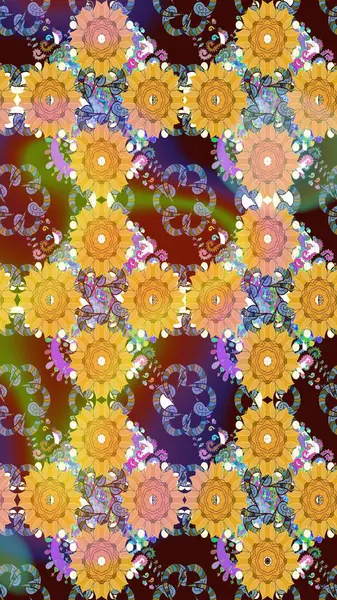 Çiçekli çiçek deseni, suluboya. Sarı renkli çiçekler. Renkli Bahar Teması eskiz kalıbı. Düz Çiçek Elementleri Tasarımı. Raster illüstrasyonu.