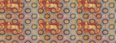 Gri ve bej renkli Asya tekstili. Suluboya çiçekli çiçek deseni. Raster illüstrasyonu.