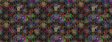 Raster illüstrasyonu. Raster illüstrasyonu. Çiçek desenli çizim. Asya tekstil tarzında. Gri renkli çiçekler.