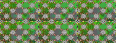 Çiçeksiz desenli, suluboya elle çizilmiş elementler. Parlak renkli fantezi çiçekleri, yapraklar, yeşil ve gri renkli tomurcuklar yeşil ve gri.