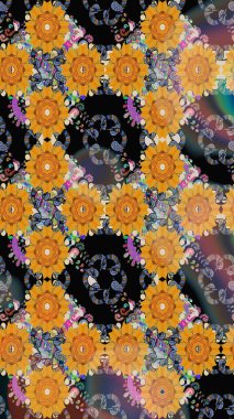 Parlak renkli çiçekli ve sarı yapraklı harika bir çiçek deseni. Moda baskıları için zarif bir şablon. Modern çiçek arkaplanı. Halk stili.