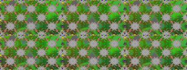 Yeşil ve gri renklere karalamalar çizen kusursuz çiçek deseni. Raster illüstrasyonu.