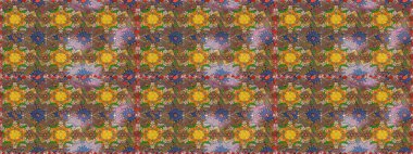 Kahverengi ve yeşil renklerde bahar çiçekleri. Patlayan çiçekler soyut olarak yerleştirilmiş. Raster deseni. Raster illüstrasyonu.