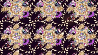 Raster illüstrasyonu. Çiçek desenli çizim. Renkli Bahar Teması eskiz kalıbı. Asya tekstil tarzında. Düz Çiçek Elementleri Tasarımı. Siyah renkte çiçekler.