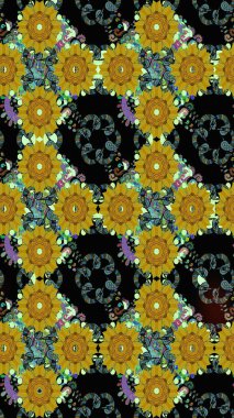 Düz Çiçek Elementleri Tasarımı. Renkli Bahar Teması eskiz kalıbı. Asya tekstil tarzında. Raster illüstrasyonu. Çiçek desenli çizim. Siyah renkte çiçekler.