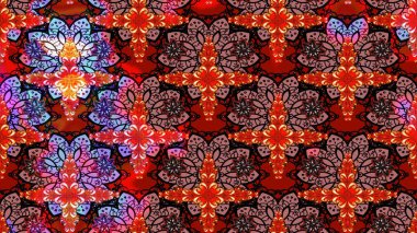 Raster Floral Illustration, Asyalı tekstil. Kırmızı renkli etnik çiçeklerle zarif bir eskiz şekli..