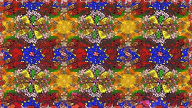 Eski usul. Renkli desenli eskiz deseni, kahverengi çiçekler ve dekoratif elementlerle. Raster illüstrasyonu. Eskiz geçmişi. Kumaş, tekstil ve duvar kağıdı baskısı için..