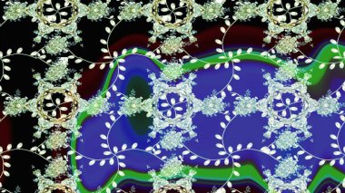 Çizim kalıbı. Renkli süs kenarı. Raster illüstrasyonu. Hint süsü. Mavi renklerde. Çiçek duvar kağıdı.