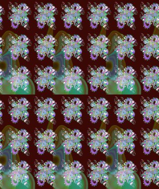 Parlak renkli fantezi çiçekleri, yapraklar, kahverengi renkli tomurcuklar, kahverengi. Suluboya el çizimi elementli çiçek çizimi deseni.