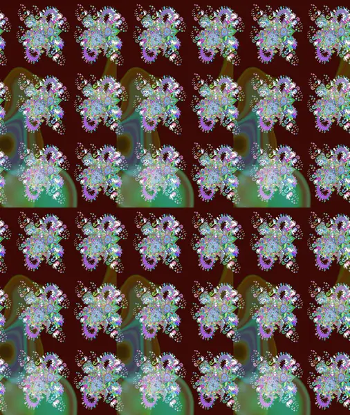 Parlak renkli fantezi çiçekleri, yapraklar, kahverengi renkli tomurcuklar, kahverengi. Suluboya el çizimi elementli çiçek çizimi deseni.