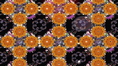 Üst manzara, yumuşak stil. Turuncu renkte manzaralı çiçek deseni. Sevgililer günü ve tebrik kartı konsepti için şık bir davetiye. Çiçek kompozisyonu, el boyası, hassas şablon..