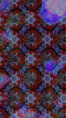 Varicoloet raster çizimi. Birçok menekşe ve soyut çiçekli tropik çizim deseni. Küçük çiçekte sevimli çiçek deseni var..