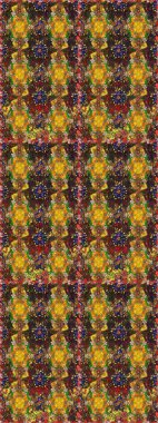 Çocuksu tasarım. Tekstil, kumaş, ambalaj, hatıra defteri için hoş bir çiçek arkaplanı. El çizimi çiçekli, pürüzsüz bir desen. Kahverengi ve sarı arkaplanda.