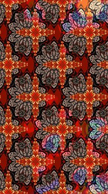 Eskiz geçmişi. Renkli desenli eskiz deseni, kırmızı çiçekler ve dekoratif elementlerle. Eski usul. Kumaş, tekstil, duvar kağıdı baskısı için. Raster illüstrasyonu.