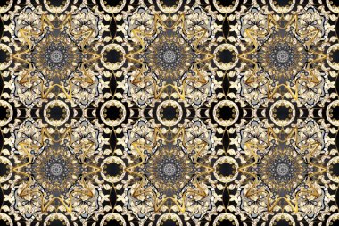 Kusursuz desenli oryantal süs. Altından elementlerle bej, gri ve kahverengi renklerde altın desenler. Çiçek kiremitleri. Raster altın tekstil baskısı. İslam tasarımı.