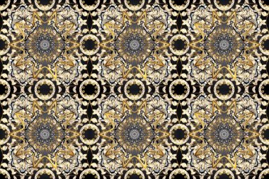 Kusursuz desenli oryantal süs. Altından elementlerle bej, gri ve kahverengi renklerde altın desenler. Çiçek kiremitleri. Raster altın tekstil baskısı. İslam tasarımı.