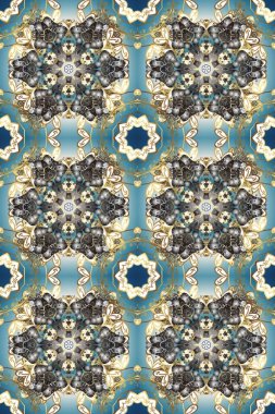 Gri, mavi ve bej renklerde kusursuz desen. Doğu tarzı arabesk tarzında altın elementler. Kusursuz altın desenli bukleler. Raster altın pürüzsüz desen.