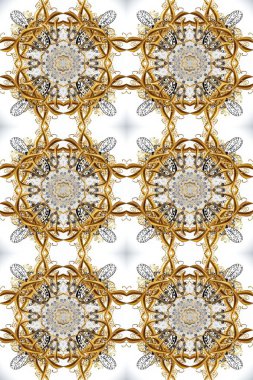 Süslü dekorasyon. Damask altın soyut çiçek deseni bej, beyaz ve kahverengi renklerde. Raster illüstrasyonu.