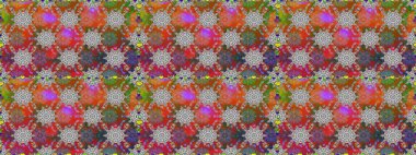 Renkli Bahar Temalı Kusursuz Arkaplan. Raster illüstrasyonu. Güzel kumaş deseni. Asya tekstil tarzında. Düz Çiçek Elementleri Tasarımı. Kusursuz çiçek deseni.