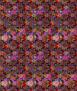 Raster Çiçek İllüstrasyonu 'nun şirin tekstili. Pembe renkli etnik çiçeklerle süslenmiş zarif bir eskiz..
