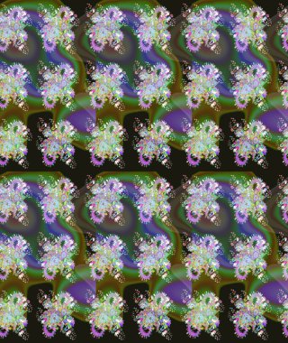 Şirin çiçekli eskiz deseni ve yeşil renkli yapraklar, suluboya çiçek deseni, duvar kağıdı, kart veya kumaş için fayanslı. Raster illüstrasyonu.