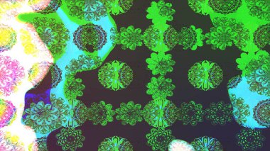 El çizimi çiçekli soyut çizim kalıbı. Raster illüstrasyonu. Yeşil renkte çiçekler.