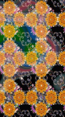 Çiçek çelengi. Eski moda arka plan. Güzel, parlak, pürüzsüz kumaş, tuval. Raster illüstrasyonu. Kıvırcık, parlak örgü. Desen, çizim, çiçek sınırı..