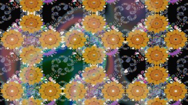 Renkli Yaz Temalı eskiz kalıbı. Sarı renkli çiçekler. Düz Çiçek Elementleri Tasarımı. Raster illüstrasyonunda çiçek deseni çizimi.