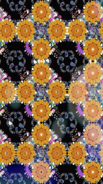 Raster illüstrasyonu. Şirin çiçekli eskiz deseni ve siyah renkli yapraklar, suluboya çiçek deseni, duvar kağıdı, kart veya kumaş için fayanslı.