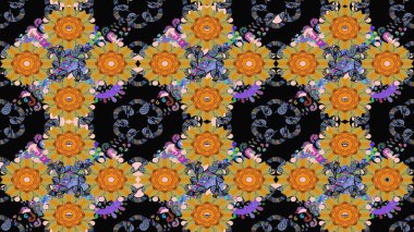 Yumuşak, bahar çiçekleri siyah renklerde. Raster illüstrasyonu. Yaprak ve çiçeklerin suluboya resimleri, siyah renklerdeki çizimler..