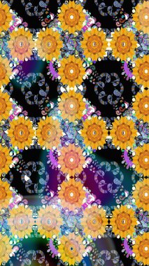 Sarı renkli güzel bir tekstil. Raster illüstrasyonu. Suluboya çiçekli çiçek deseni.