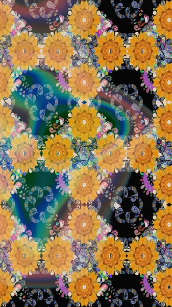 Düz Çiçek Elementleri Tasarımı. Renkli Bahar Teması eskiz kalıbı. Eskiz klasiği. Raster Şirin kumaş deseni.