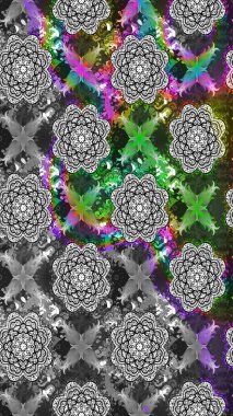 Raster illüstrasyonu. Suluboya çiçekli çiçek deseni. Gri renkli Asya tekstili.