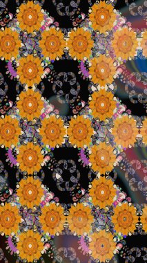 Raster illüstrasyonundaki çiçek desenli çizim. Raster illüstrasyonu. Güzel kumaş deseni. Turuncu renklerde.