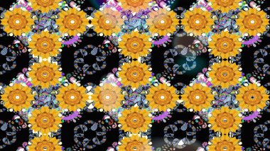 Raster illüstrasyonu. Sarı renkte karalamalı çiçek deseni çiz..