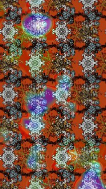 Asya tekstil tarzında. Raster illüstrasyonu. Raster illüstrasyonu. Çiçek desenli çizim. Kahverengi renkte çiçekler.