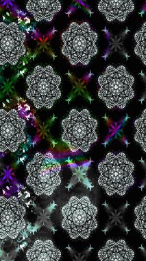 Çiçeksel elementlerle süslenmiş zarif raster dokusu. Siyah renkler ve parlak çiçekler üzerine soyut çizim deseni. Küçük çiçekte şirin bir çiçek deseni var..