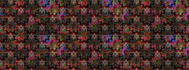 Modern gelişim, siyah raster arka plan duvar kâğıdı illüstrasyonu, klasik çizgi çizgisi, desenli desenli çiçekler, çiçekli süsler. Çiçekli el çizimi çizimi deseni.