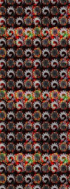 Çok renkli, zarif küçük çiçekler ve siyah renkli komik böcekler, raster desen, illüstrasyon..