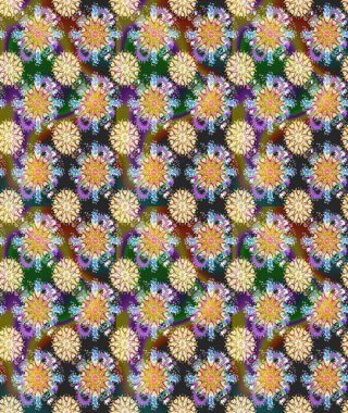 Şirin çiçekli eskiz deseni ve kahverengi renkli yapraklar, suluboya çiçek deseni, duvar kağıdı, kart veya kumaş için fayanslı. Raster illüstrasyonu.