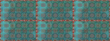 Çok mavi ve yeşil zarif küçük çiçekler ve mavi ve yeşil renkli komik böcekler, raster desen, illüstrasyon.