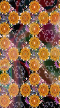 Renkli Bahar Teması eskiz kalıbı. Turuncu renkli çiçekler. Düz Çiçek Elementleri Tasarımı. Raster illüstrasyonunda çiçek deseni çizimi.