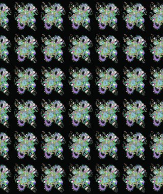 Çocuksu tasarım. Tekstil, kumaş, ambalaj, hatıra defteri için hoş bir çiçek arkaplanı. Elle çizilmiş çiçek desenli Raster çizimi. Siyah arkaplanda.