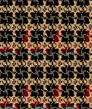 Şirin çiçekli, desenli, siyah renkli renkli bir eskiz. El çizimi çiçek çizimi deseni (fayans). Tekstil için suluboya çizim deseni.