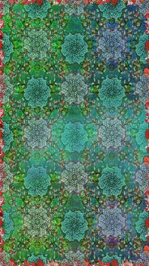 Yumuşak, yeşil renkli bahar çiçekleri. Raster deseni. Patlayan çiçekler soyut olarak yerleştirilmiş. Raster illüstrasyonu.