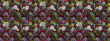 Süslü kumaş deseni. Düz Çiçek Elementleri Tasarımı. Renkli Bahar Teması eskiz kalıbı. Raster illüstrasyonunda çiçek deseni çizimi.