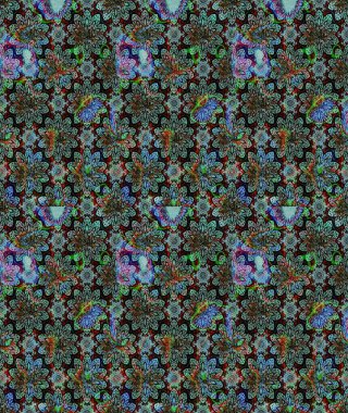 Desen, çizim, çiçek sınırı. Eski moda arka plan. Güzel, parlak, pürüzsüz kumaş, tuval. Kıvırcık, parlak örgü. Raster illüstrasyonu. Çiçeklerin çelengi.